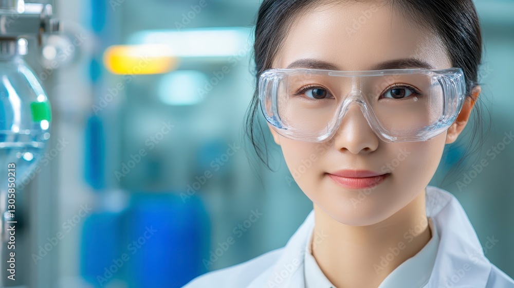 Fototapeta premium Female Scientist in Laboratory Wearing Safety Goggles and White Coat