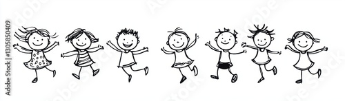 A simple black and white line drawing of children playing together, each child smiling with their arms outstretched as they run Generative AI