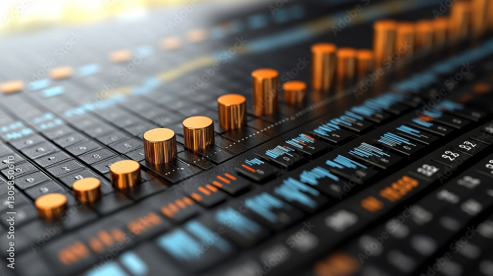 Professional audio mixing console with vibrant knobs and sliders Professional audio mixing console with vibrant knobs and sliders
