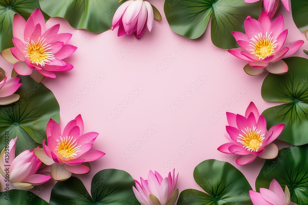 Moldura floral com flor de lótus rosa e folhas verdes vibrantes sobre fundo rosa suave, criada com IA generativa para um design delicado e natural Moldura floral com flor de lótus rosa e folhas verdes vibrantes sobre fundo rosa suave, criada com IA generativa para um design delicado e natural