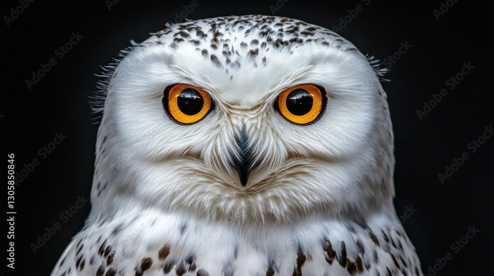 Obraz premium A mesmerizing white owl with piercing golden eyes, close-up portrait capturing intricate feather details, dramatic lighting enhancing the bird's mysterious presence
