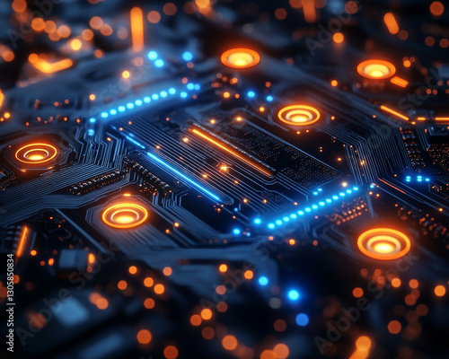 Wallpaper Mural Advanced circuit board with glowing blue and orange pathways, showcasing technology Torontodigital.ca