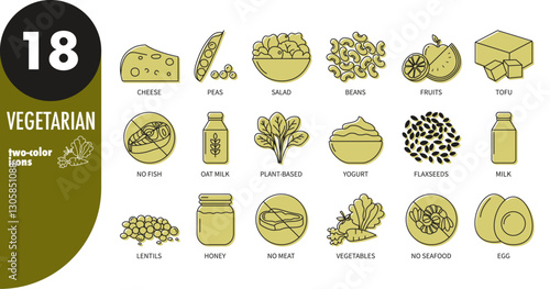 Vegetarian diet thin line icons set with green fill. Plant-based, fruits, vegetables, beans, peas, tofu, salad, oat milk, flaxseeds, lentils, no meat, no fish, no seafood, vector illustration