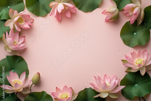 Wallpaper Mural Moldura floral com flor de lótus rosa e folhas verdes vibrantes sobre fundo rosa suave, criada com IA generativa para um design delicado e natural Torontodigital.ca