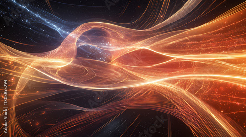 A bright burst of cosmic energy, showing a space-time continuum being stretched and compressed in abstract patterns, with no human presence in the scene. Cosmic - Galaxy. Illustration
