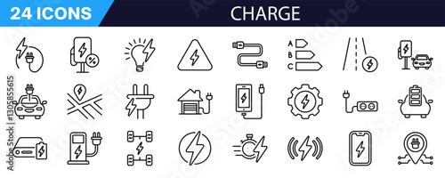 Charging icon set. Linear style. Electric car.