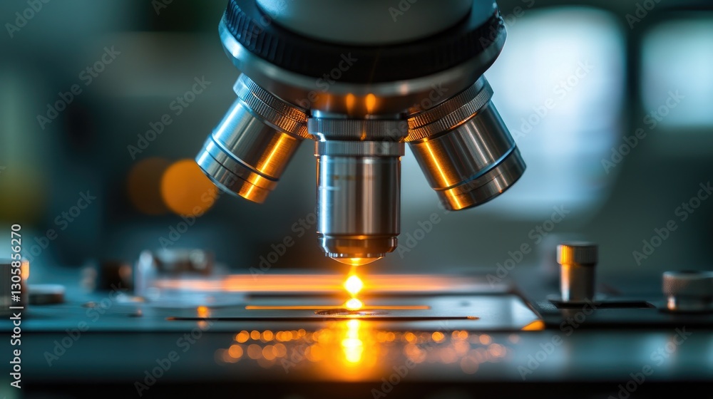 Microscope examining a small part for quality defects under bright lighting. Microscope examining a small part for quality defects under bright lighting.
