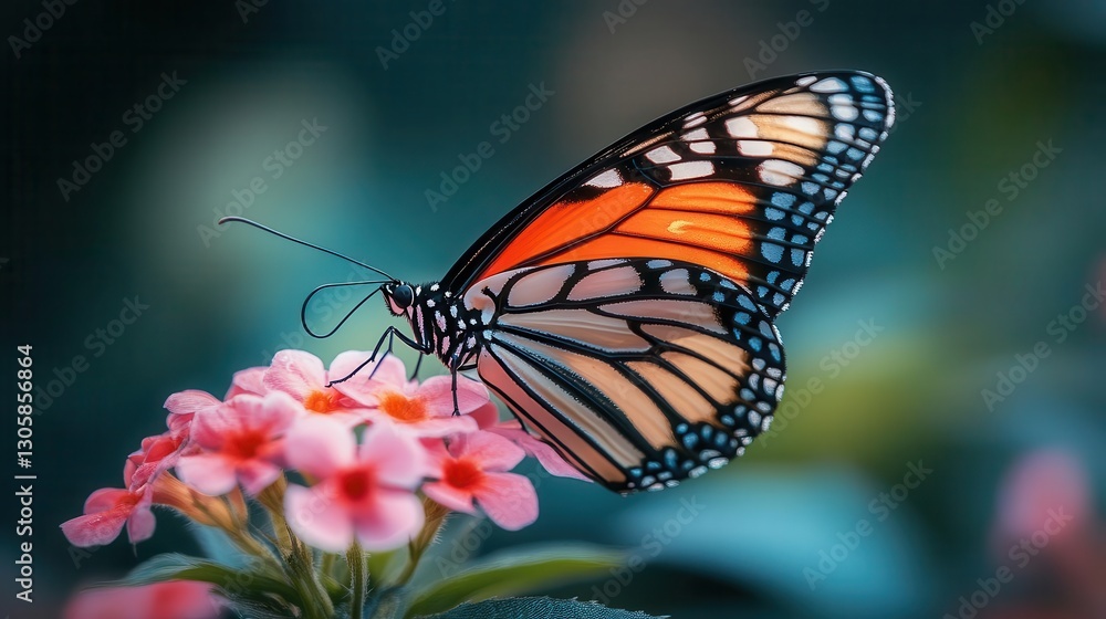 Obraz premium Butterfly resting on a flower, soft focus on delicate wings