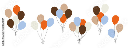 Bundle of colorful balloons with strings, floating party decoration in simple doodle style, birthday celebration icon. Flat vector illustration isolated on white background.