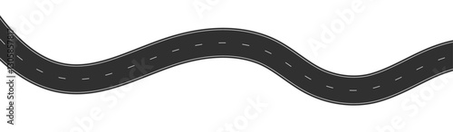 Winding road top view, curved highway path with lane markings, long trip route map, wavy street track design. Flat vector illustration isolated on white background.