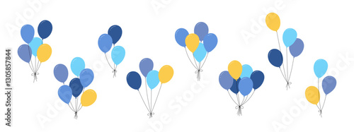 Bundle of balloons with strings, simple doodle outline, floating party decoration for birthday celebration. Flat vector illustration isolated on white background.