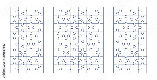 Jigsaw puzzle pieces set, round and square shapes with three-part connection, blank infographic icon for charts. Flat vector illustration isolated on white background.