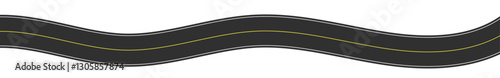 Winding road top view, curved highway path with lane markings, long trip route map, wavy street track design. Flat vector illustration isolated on white background.