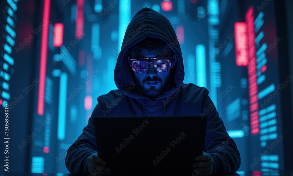 Hacker in Hoodie Using Laptop, Neon Lights - Cyberpunk aesthetic