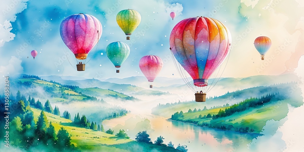 Obraz premium Colorful hot air balloons drifting over a serene landscape at sunrise with mountains and a river in the background