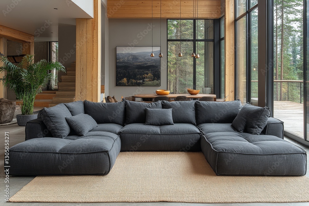 Fototapeta premium Large black modular sectional sofas with chaise lounges and ottomans in a cozy living room, beige area rug, natural light, and elegant decor.