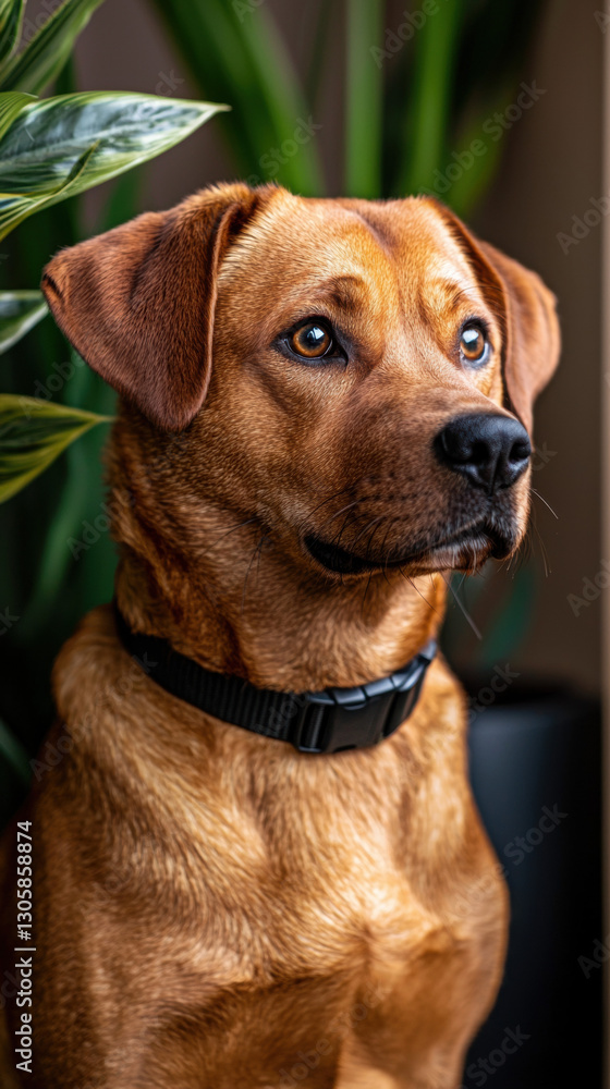 Obraz premium Playful dog in a lush green environment surrounded by vibrant plants, showcasing a natural setting