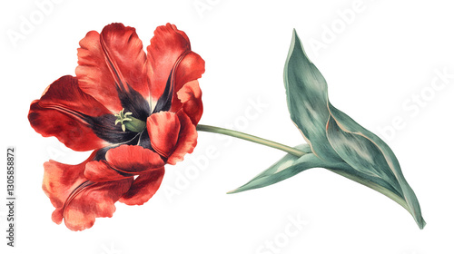Fototapeta Naklejka Na Ścianę i Meble -  A red flower with a green stem. The flower is the main focus of the image. The flower is surrounded by a white background