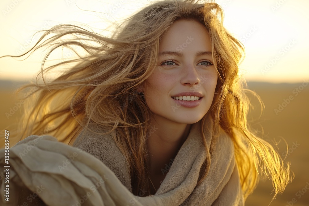 Fototapeta premium Golden Hour Outdoor Portrait: Smiling Woman with Flowing Hair in Natural Light and Bohemian Look