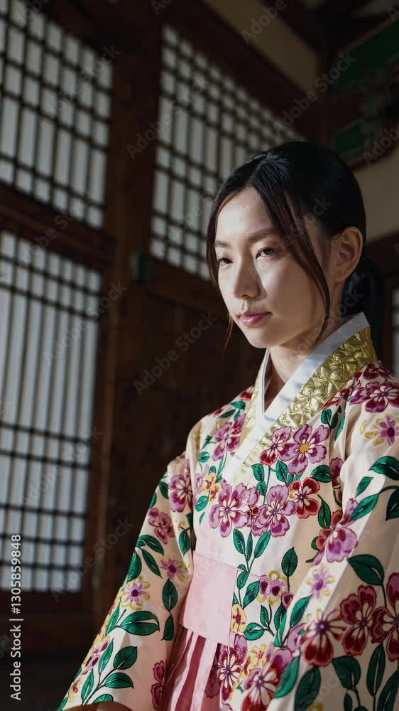 A woman in traditional floral attire is captured in a medium close-up angle, highlighting cultural elegance, suitable for a heritage-themed video. Live mobile wallpaper. A woman in traditional floral attire is captured in a medium close-up angle, highlighting cultural elegance, suitable for a heritage-themed video. Live mobile wallpaper.