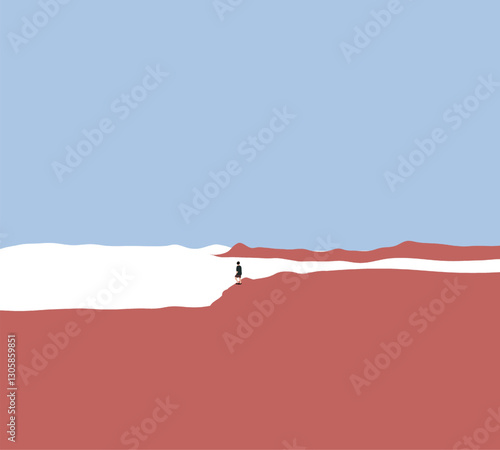 Man walking on pink mountain peak with flowing morning white fog. Beautiful landscape view.