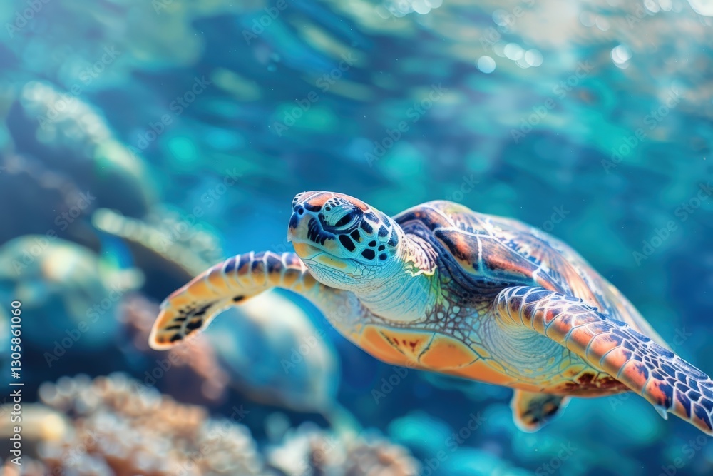 Fototapeta premium Colorful sea turtle swimming gracefully underwater