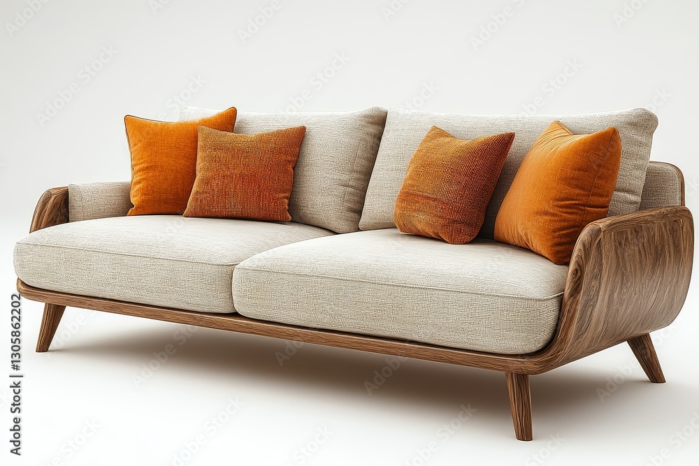 Fototapeta premium Light beige fabric three-seater sofa with wooden legs and straight armrests in a warm-toned living room. French country furniture style with a hyper-realistic aerial view.