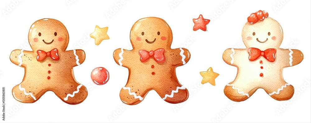 Obraz premium Three cheerful gingerbread cookies with decorative elements on a white background.