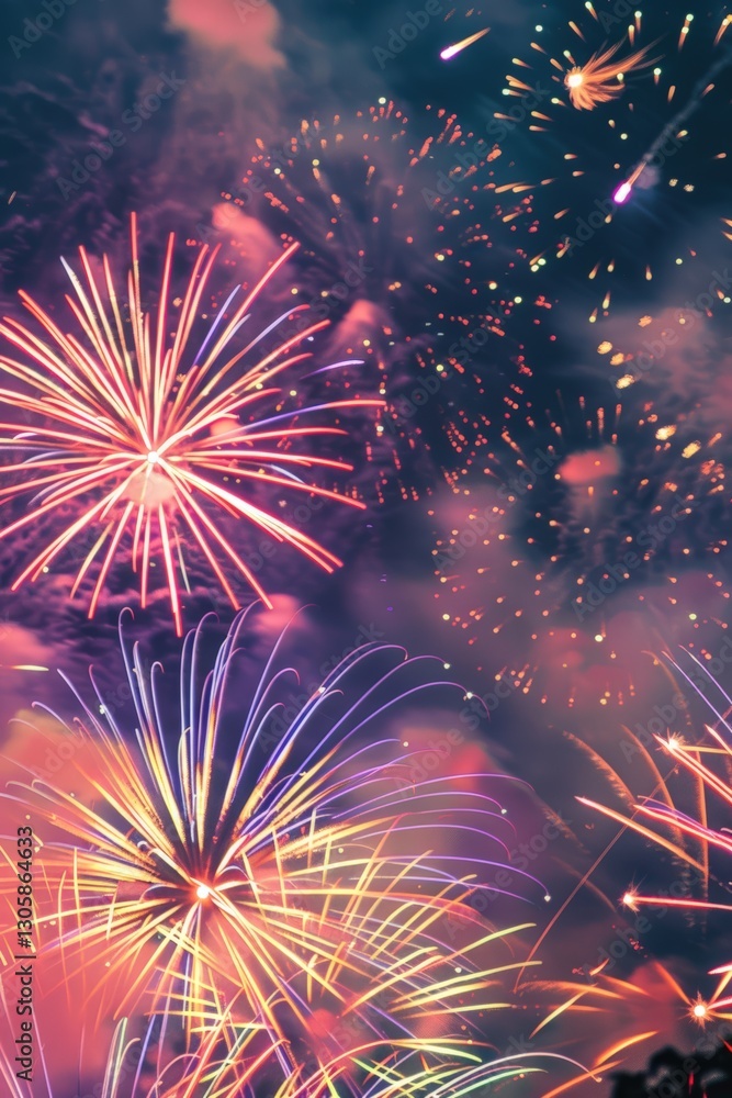 Fototapeta premium Vibrant fireworks bursting in a colorful night sky