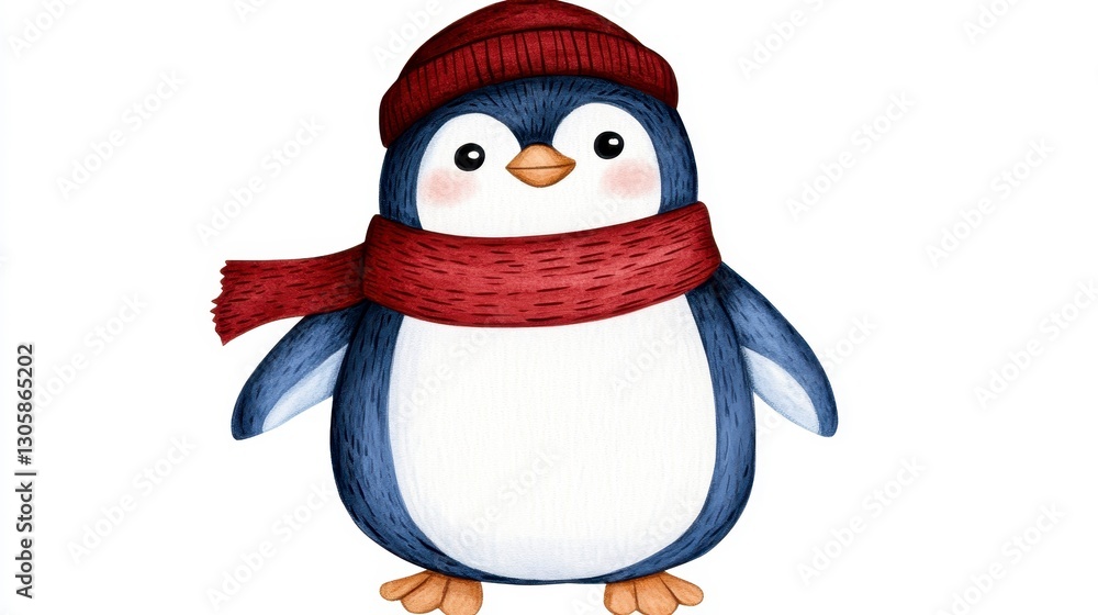 Naklejka premium Cute Cartoon Penguin in Winter Hat and Red Scarf on White Background