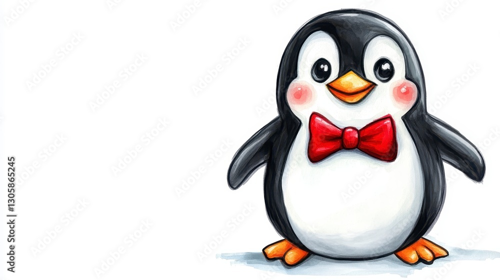 Fototapeta premium Cute Cartoon Penguin Character with Red Bow Tie and Cheerful Expression