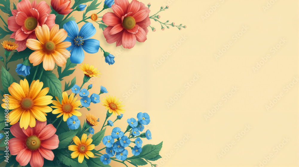 Obraz premium Colorful flower arrangement with bright flowers on a light yellow background with space for text 