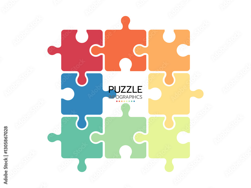 Puzzle infographics. 8 pieces jigsaw outline grid. Thinking game with separate shapes. Simple mosaic layout. Modern puzzle background. Laser cut frame. Vector illustration. Puzzle infographics. 8 pieces jigsaw outline grid. Thinking game with separate shapes. Simple mosaic layout. Modern puzzle background. Laser cut frame. Vector illustration.