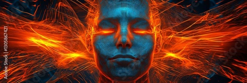 Closed eyes digital face amidst fiery streams