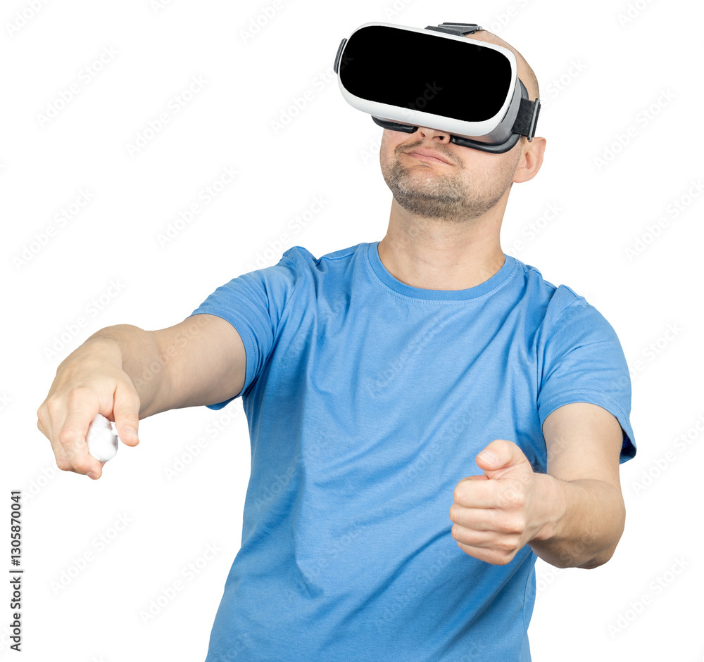 Naklejka premium Man playing videogames using virtual reality headset and controller