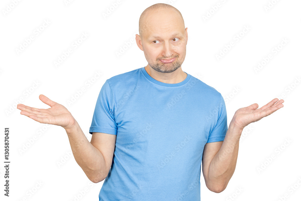Puzzled man shrugging shoulders and showing empty hands on white background Puzzled man shrugging shoulders and showing empty hands on white background