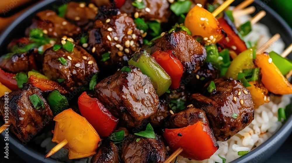 Tender beef skewers grilled to perfection, paired with vibrant bell peppers and sprinkled with sesame seeds. A delicious and flavorful barbecue dish Tender beef skewers grilled to perfection, paired with vibrant bell peppers and sprinkled with sesame seeds. A delicious and flavorful barbecue dish