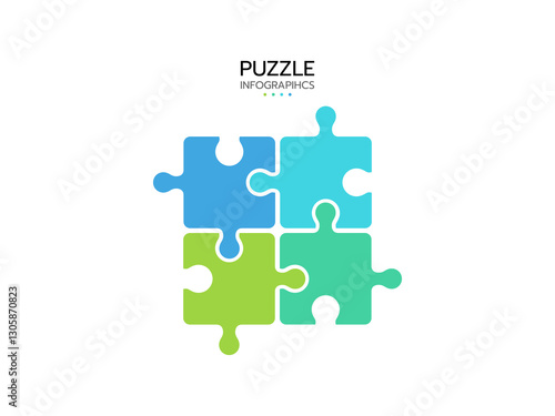 Puzzle infographics. 4 pieces jigsaw outline grid. Thinking game with separate shapes. Simple mosaic layout. Modern puzzle background. Laser cut frame. Vector illustration.