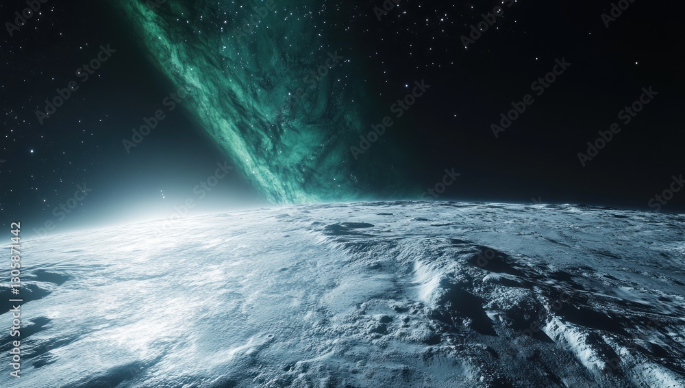 Fototapeta premium Alien planet surface with luminous nebulae in space.