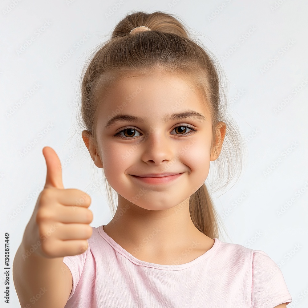 Cheerful Smiling Girl with Thumbs Up - Portrait of Happy Child Embracing Innocence and Confidence in Casual Pink Shirt Cheerful Smiling Girl with Thumbs Up - Portrait of Happy Child Embracing Innocence and Confidence in Casual Pink Shirt