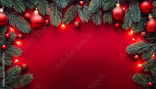 festive christmas themed border frame composed of pine branches with red baubles and christmas lights on red background seasonal promotions e commerce website header email newsletter concept