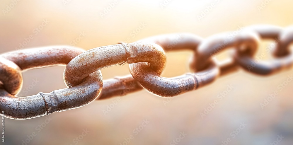 Fototapeta premium Rusty chain links outdoors, sunlight background. Teamwork concept