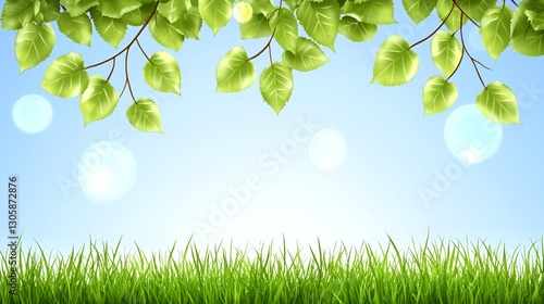 Bright Green Leaves and Grass Against a Blue Sky Background
