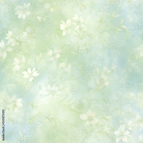 Floral seamless pattern on light green and blue watercolor background. Delicate white blossoms on soft pastel texture. Spring abstract design for wallpaper or fabric