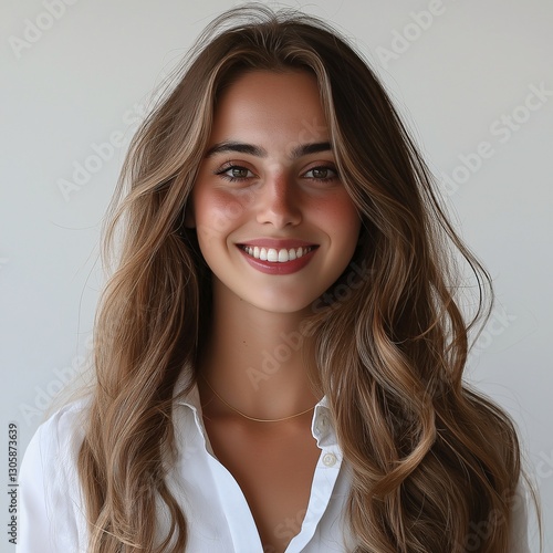 Smiling Young Woman Portrait with Wavy Hair and Natural Light – Beauty and Confidence in Modern Style Lifestyle Photography photo