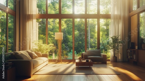 Bright and airy contemporary room with large windows, a modern sofa, and a stylish floor lamp for a fresh vibe