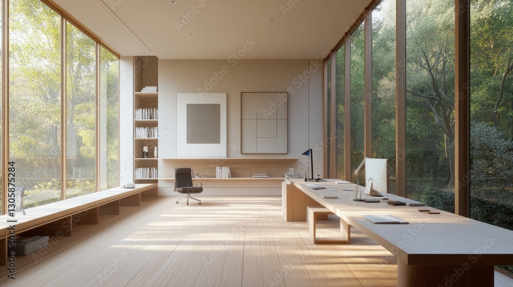 Fototapeta premium Bright and airy home office with a long desk, large windows, and a minimalist approach to furniture and decor