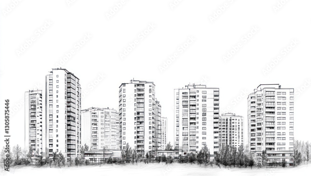 Architectural sketch of a city skyline with apartment buildings, detailed drawing of urban residential buildings. Architectural sketch of a city skyline with apartment buildings, detailed drawing of urban residential buildings.