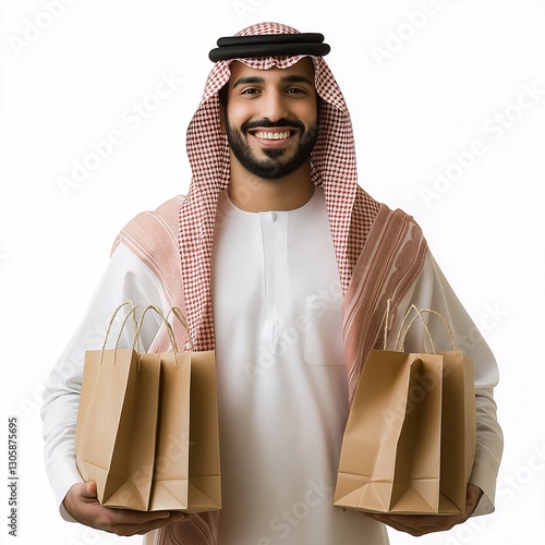 Middle Eastern Man Joyfully Shopping Traditional Clothing - Cheerful Retail and Culture Experience in Saudi Arabia