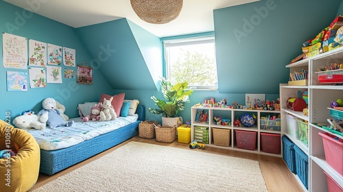 Bright kids' room with a space for drawing, a comfy bed, and a toy corner with organized storage boxes